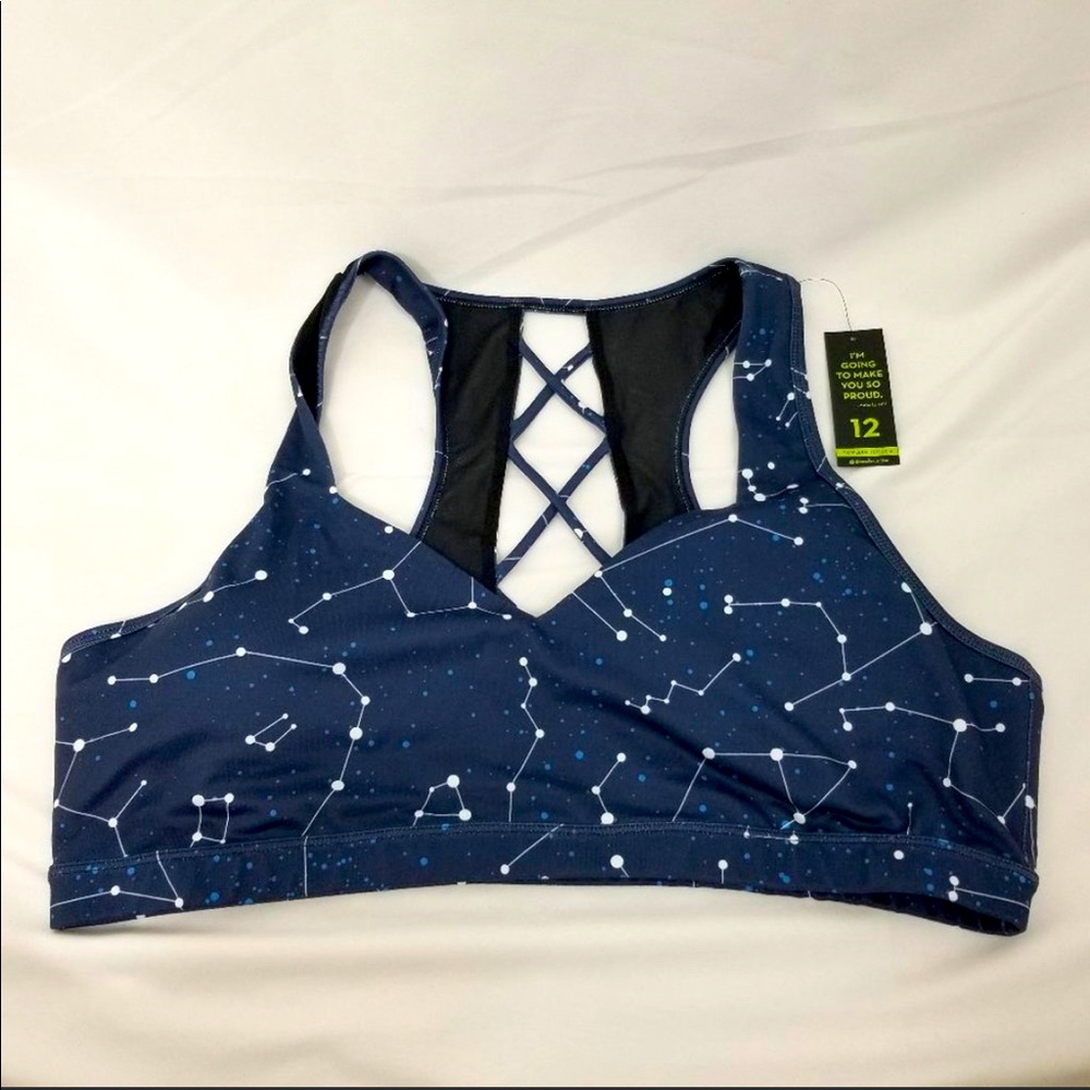 POPFLEX from Blogilates Blue Constellation Stars Sports Bra Size 12 NWT